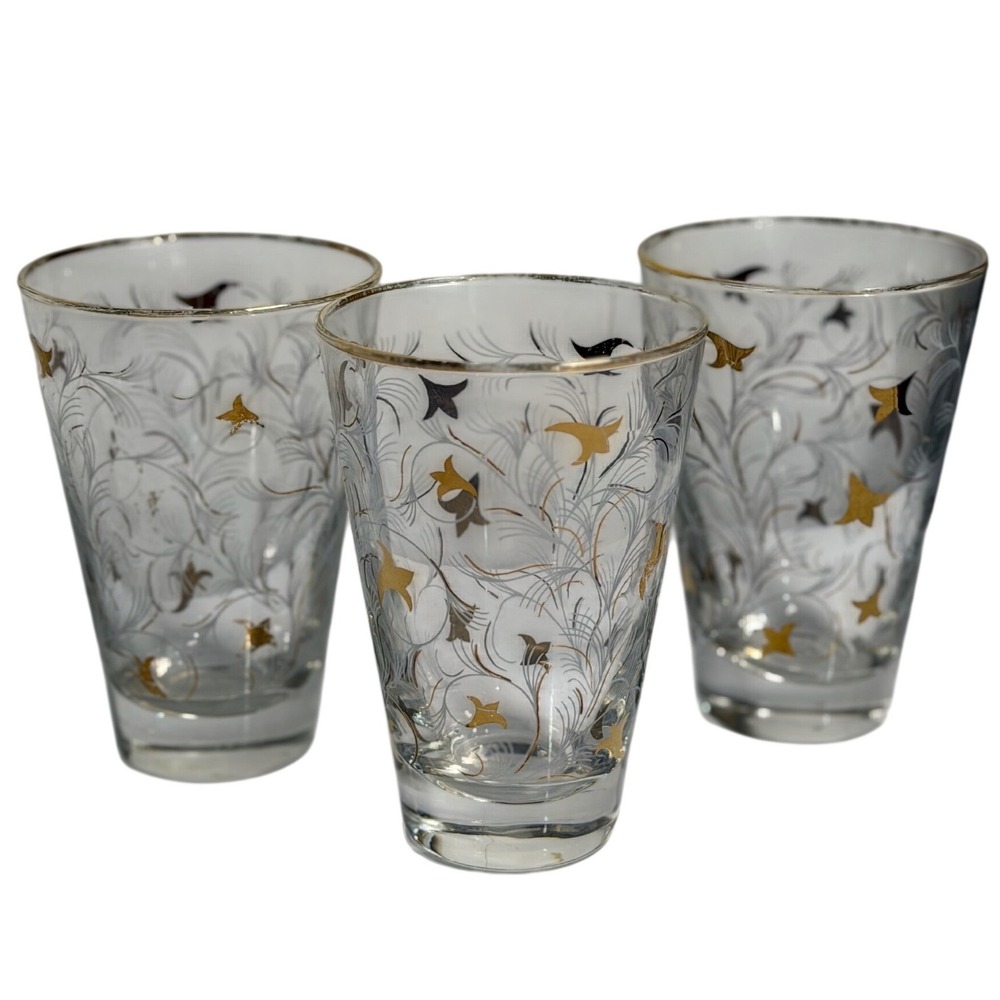 VTG Libbey Drinking Glasses Gold Leaf Atomic Starburst MCM Barware‎ Set of 3